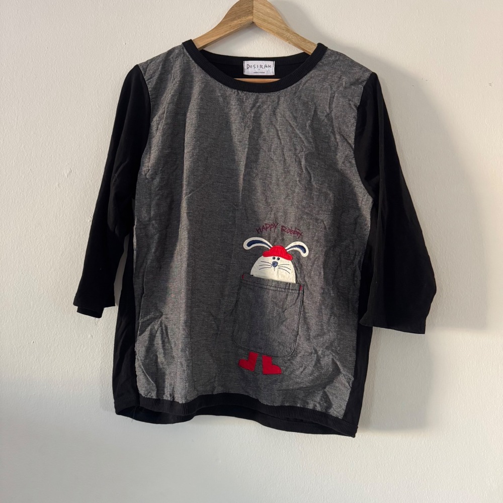 Dosirak Happy Robby Bunny Pocket Top Grey Black Long Sleeve Korean Fashion